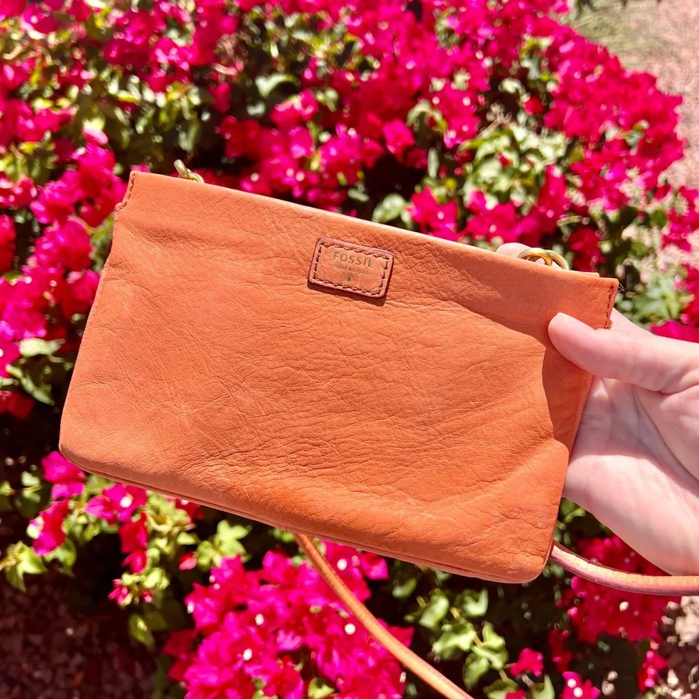 Fossil Terracotta Leather Crossbody Bag and Matching Card Case Set Boho EUC